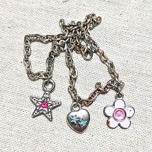 Vintage Y2K Silver Tone Chain Heart Star Flower Charm Anklet